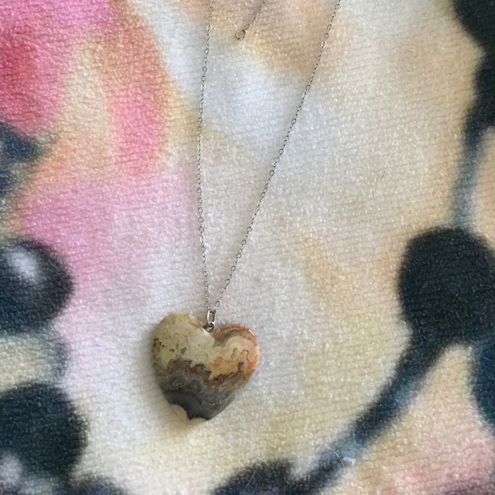 Picture Agate Gem Heart Silver Chain Necklace - Picture 4 of 6